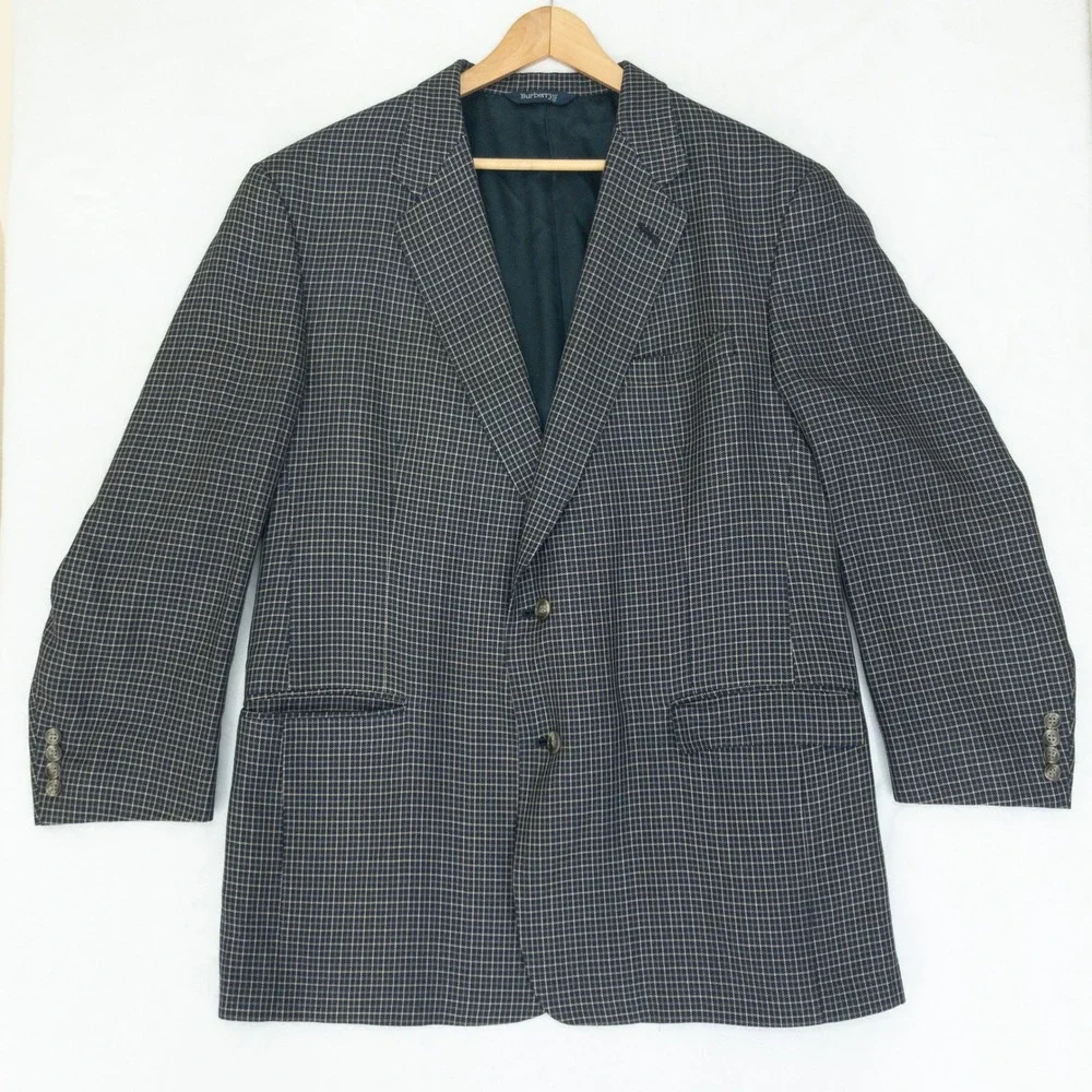 Burberrys Blazer Mens Size 48L Navy Blue Check Pattern Two Button Sport Coat